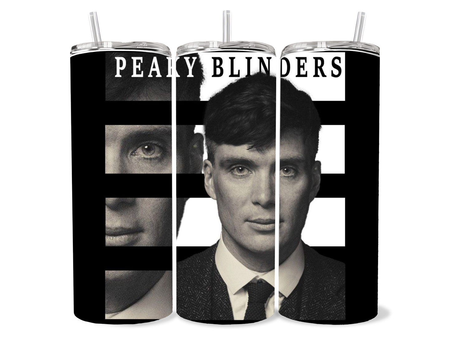 Minimalist Peaky Blinders Tommy Shelby tumbler with black and white cinematic artwork