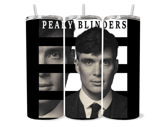 Minimalist Peaky Blinders Tommy Shelby tumbler with black and white cinematic artwork