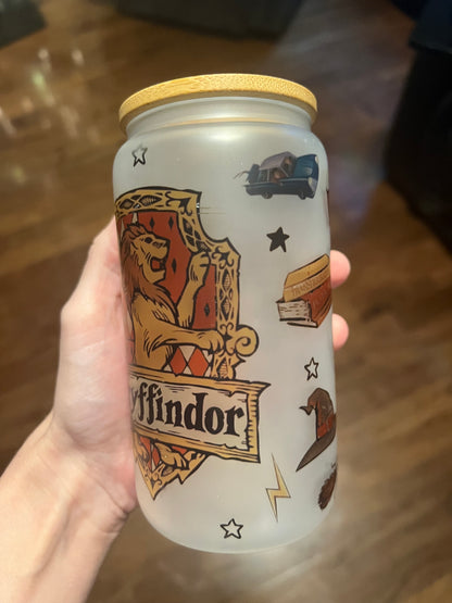 16oz Gryffindor Frosted Glass Tumbler featuring gryffindor harry potter inspired artwork