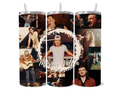 Close-up of a Morgan Wallen 20oz skinny tumbler featuring a high-definition collage of the country music singer with aesthetic western motifs on a clean white background.