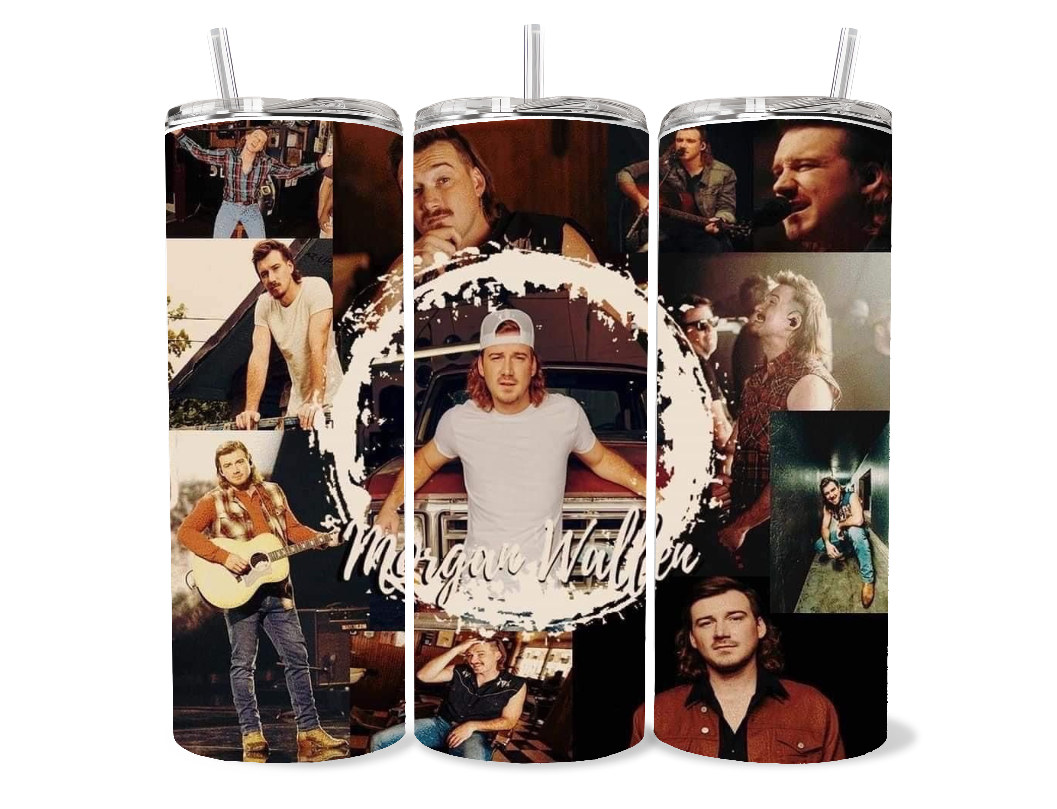 Close-up of a Morgan Wallen 20oz skinny tumbler featuring a high-definition collage of the country music singer with aesthetic western motifs on a clean white background.