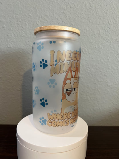 16oz Bluey Frosted Glass Tumbler featuring bluey cartoon dog inspired artwork
