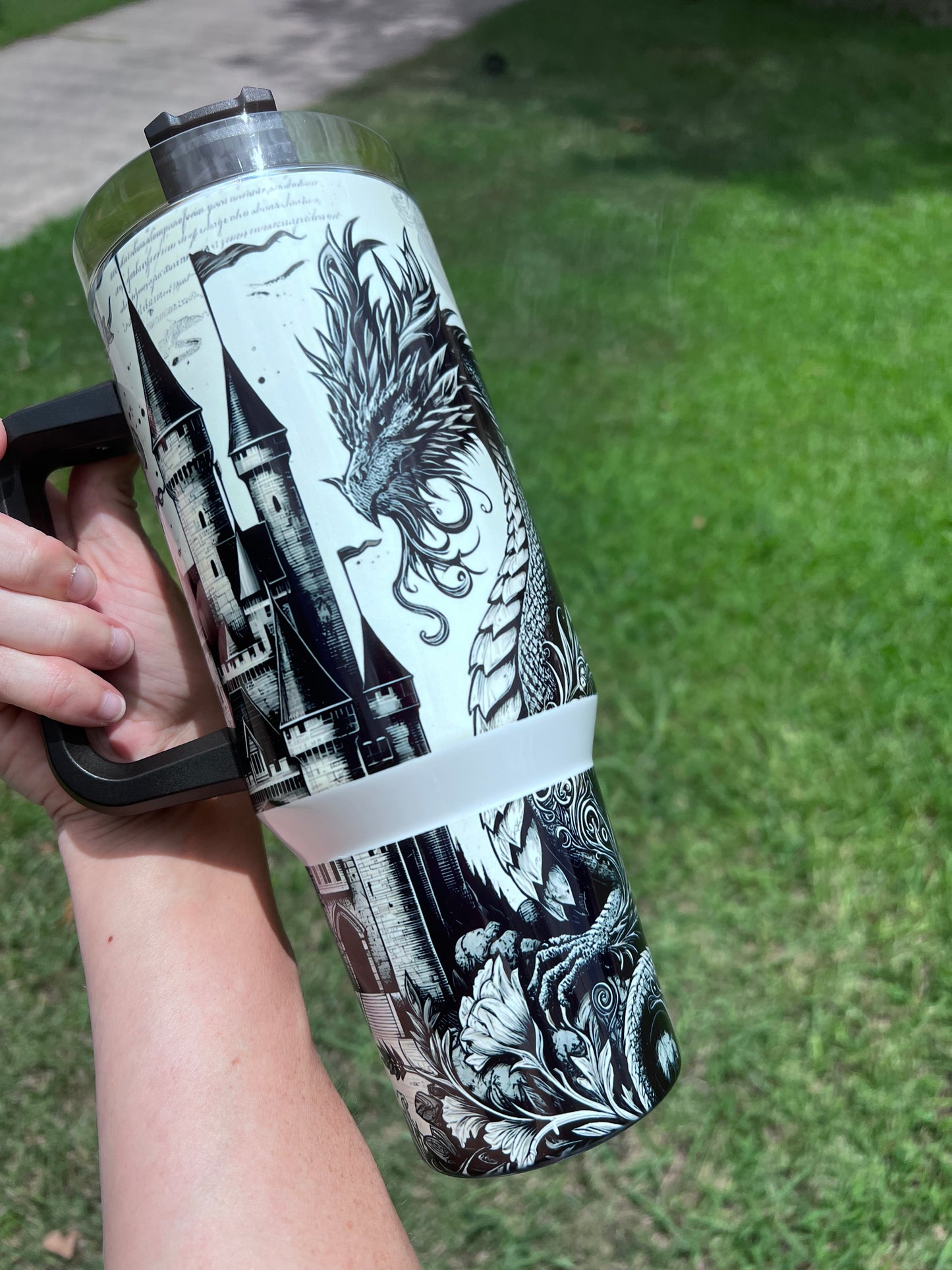 40oz Fantasy Dragon Tumbler with Handle | Book Lover Gift | Castle & Dragon Drinkware