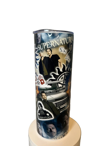 20oz Supernatural Sticker Collage Tumbler featuring supernatural fandom inspired artwork