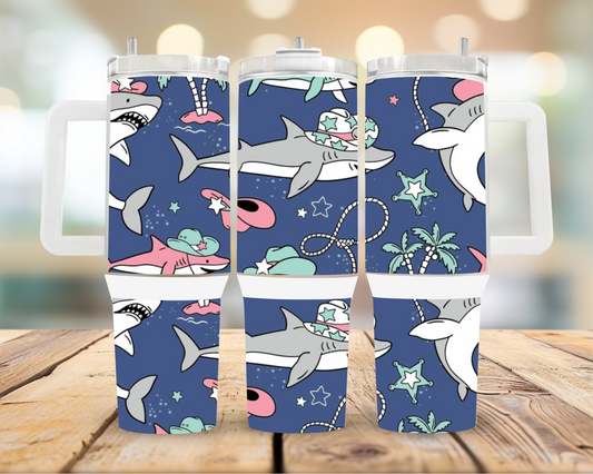 Cowboy Shark Tumbler - 40oz with handle - shark week themed