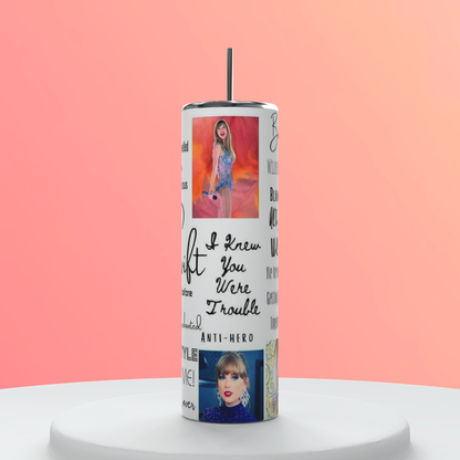 20oz Pop Star Eras Collage Tumbler featuring pop star music eras inspired artwork