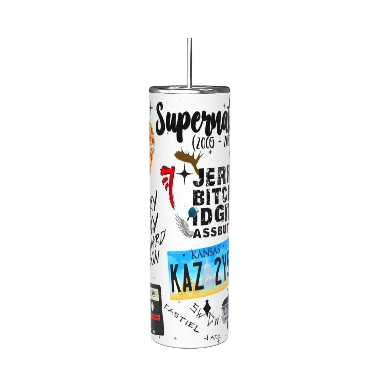 20oz Supernatural White Collage Tumbler featuring supernatural fandom inspired artwork