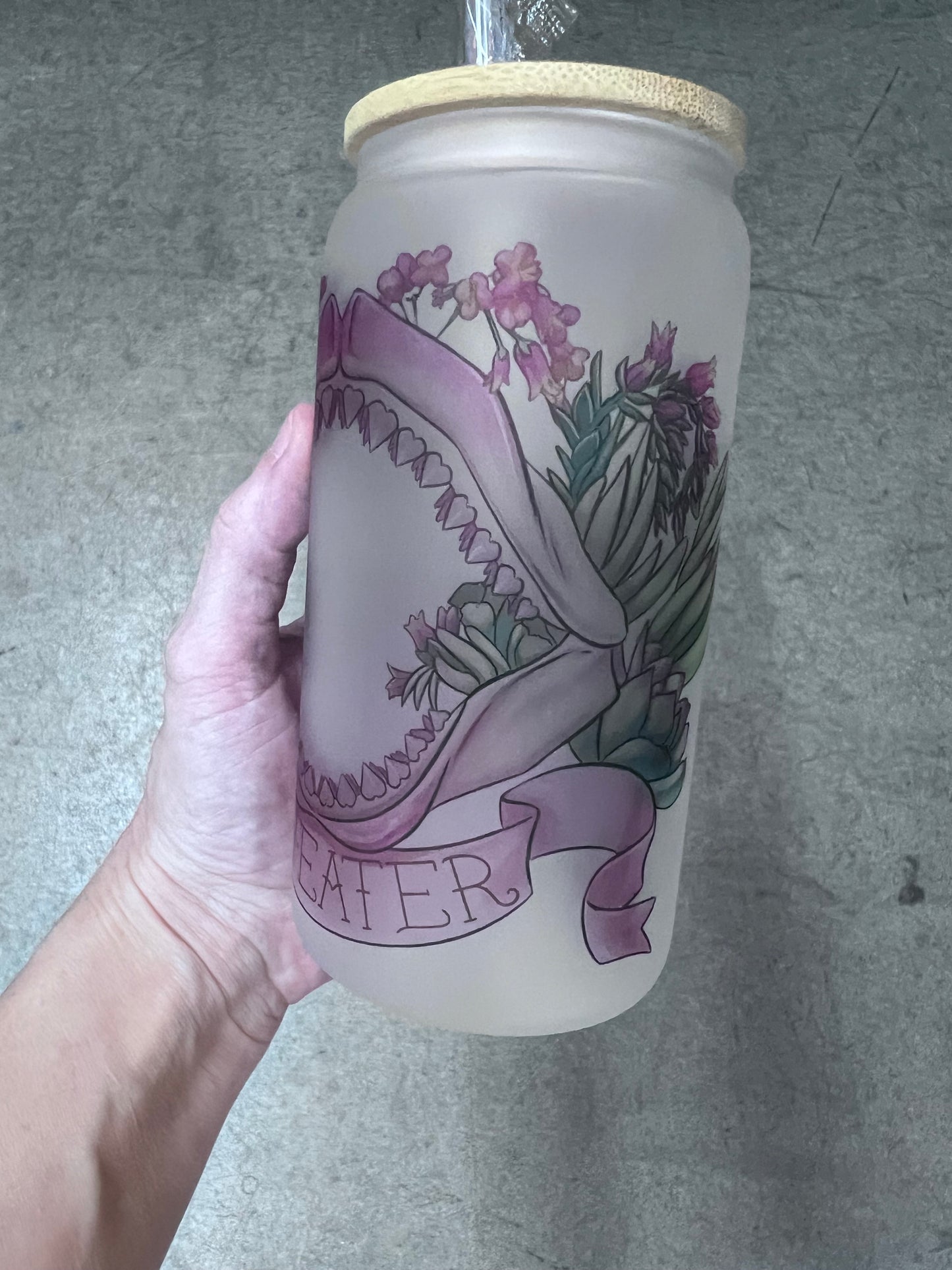 16oz Frosted Glass Maneater Tumbler | Gothic Floral Cup