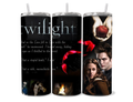 Twilight movie tumbler featuring Edward Cullen, Bella Swan, and the Lion and Lamb quote with red apple and ribbon.