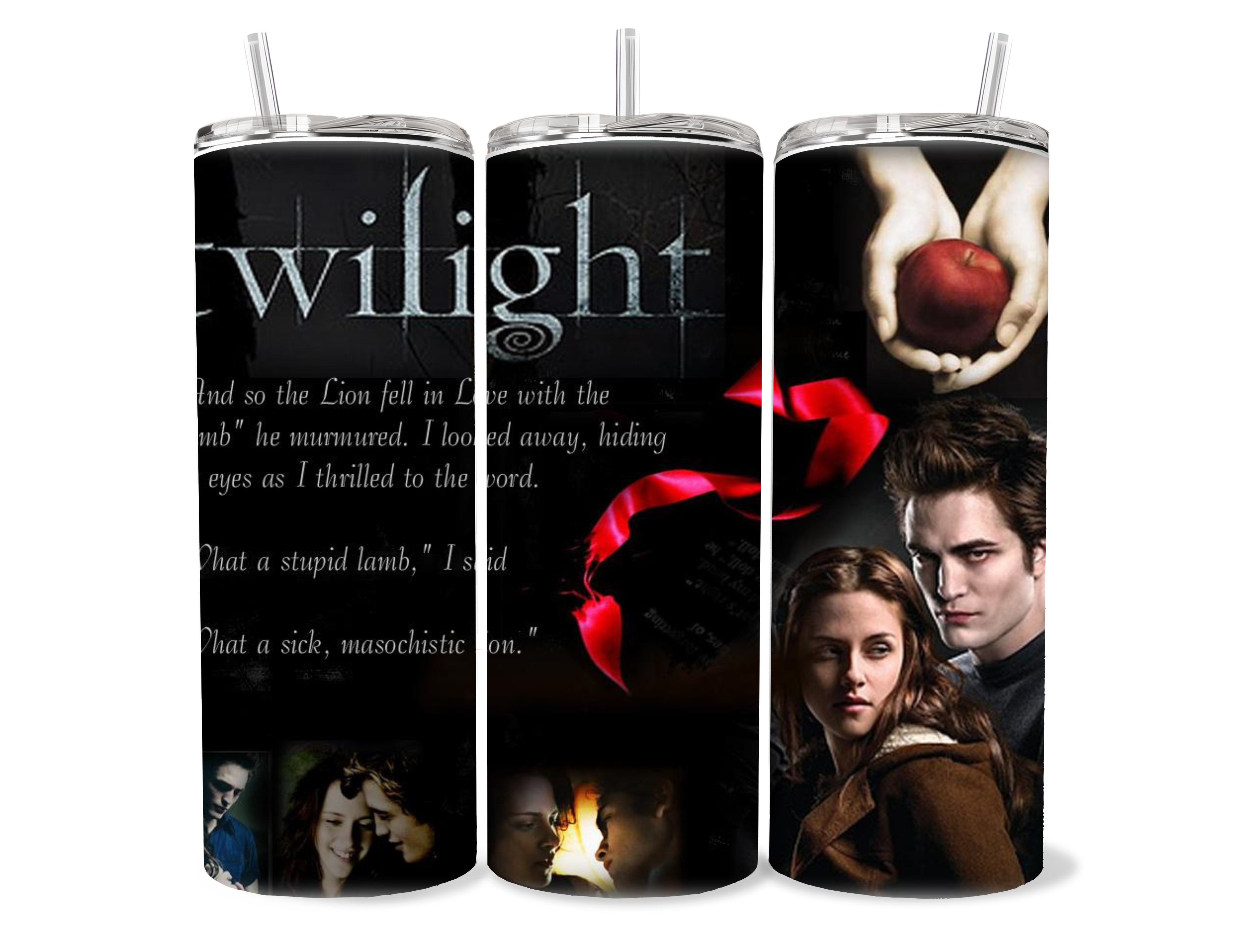 Twilight movie tumbler featuring Edward Cullen, Bella Swan, and the Lion and Lamb quote with red apple and ribbon.