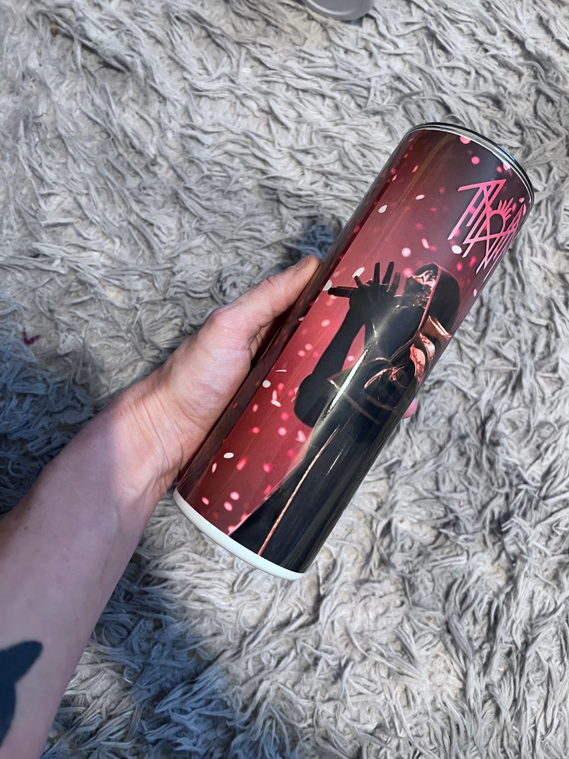 Pink Token themed / Arcadia themed tumbler cup featuring the design artwork