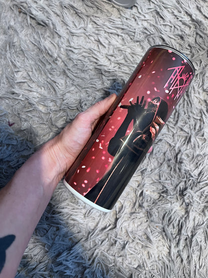 Pink Token themed / Arcadia themed tumbler cup featuring the design artwork