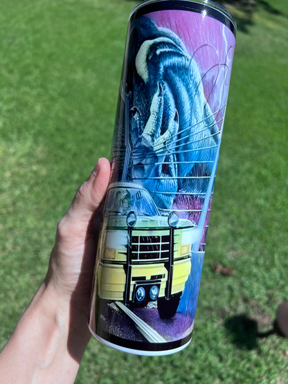 Retro 90s Jurassic Park 20oz skinny tumbler featuring a neon-purple sci-fi wrap with a T-Rex head and tour SUV.⁠