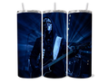 Blue Sleep Token inspired 20oz skinny tumbler featuring dark concert stage aesthetic with guitarist performance lighting design