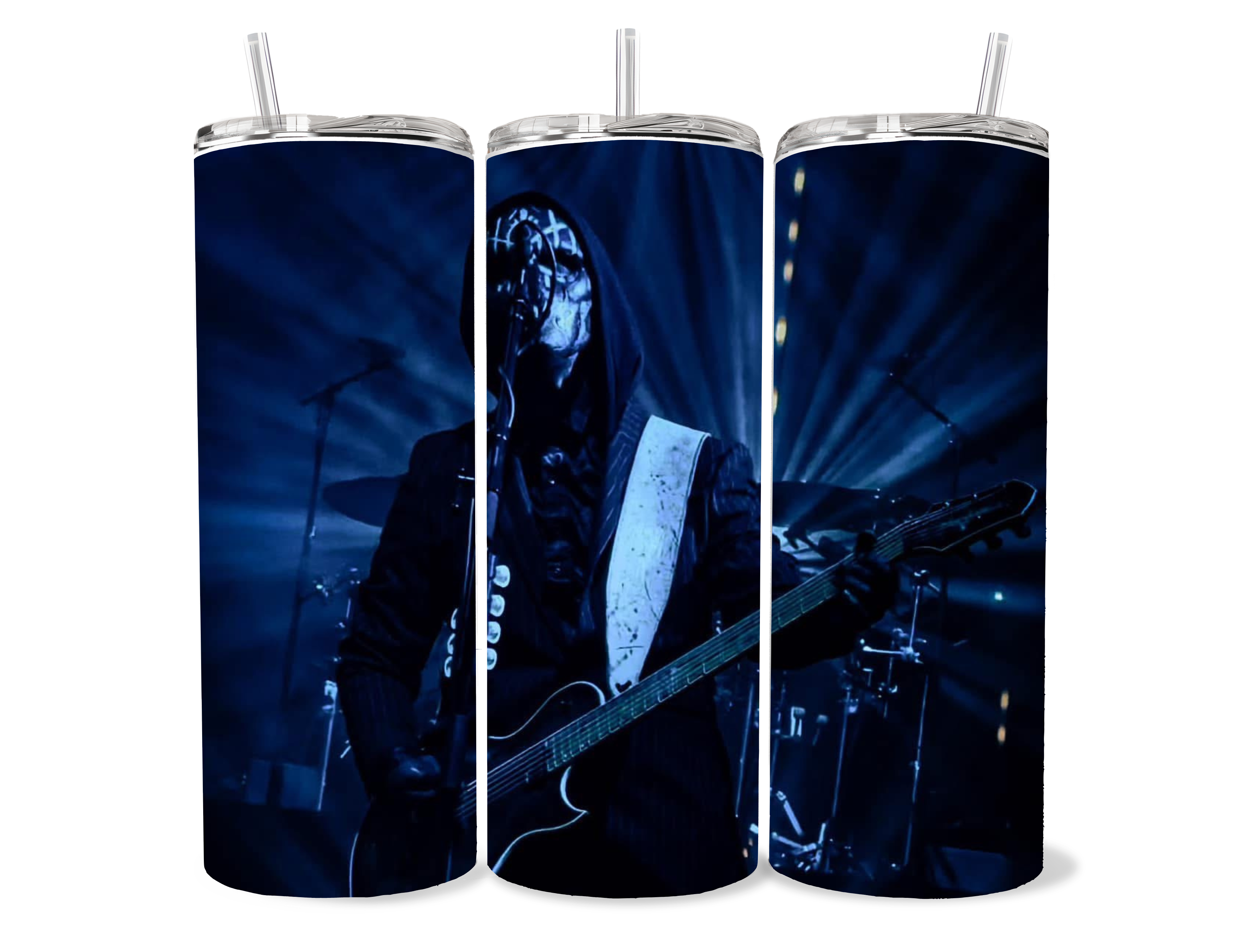 Blue Sleep Token inspired 20oz skinny tumbler featuring dark concert stage aesthetic with guitarist performance lighting design