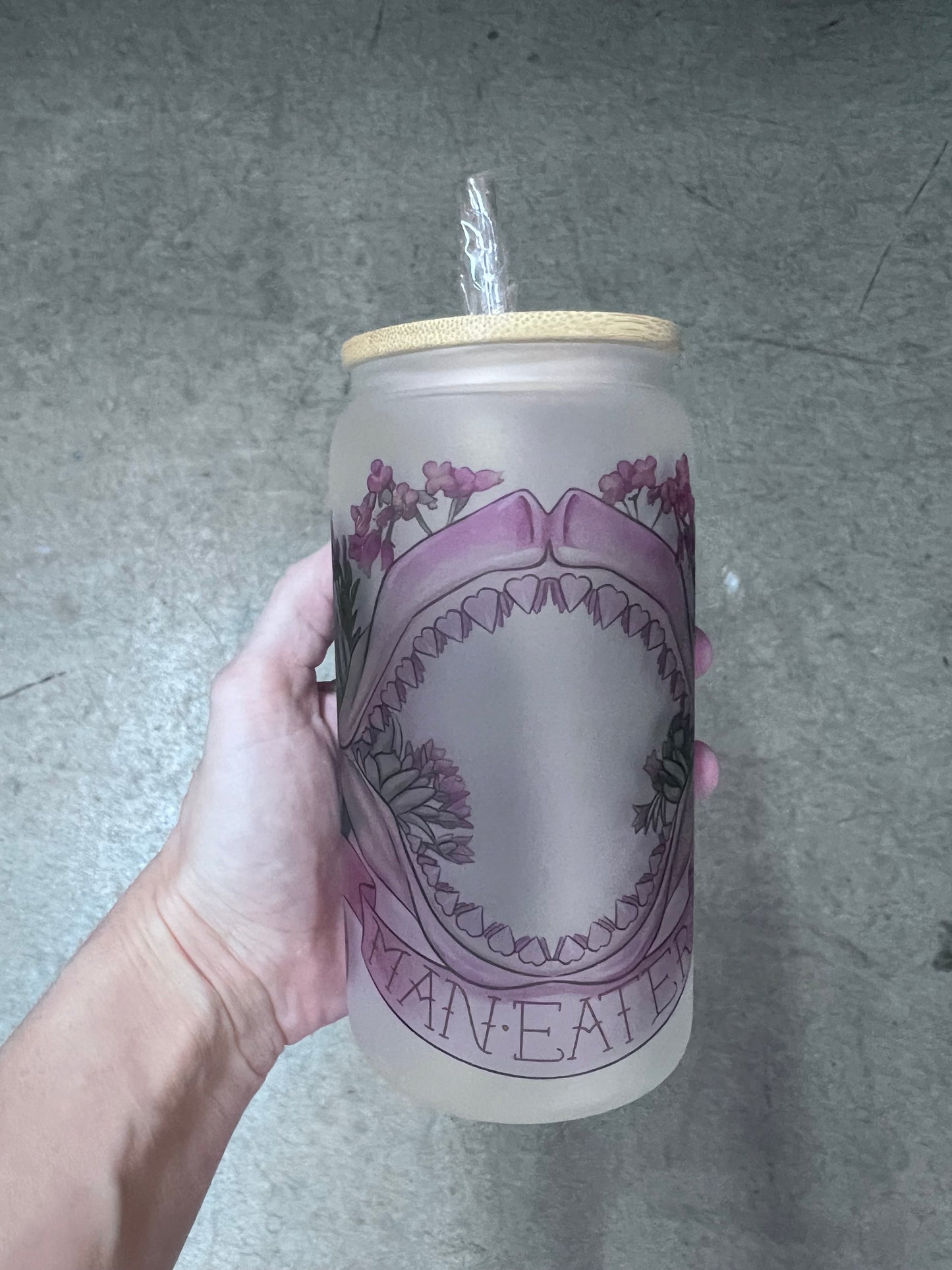 16oz Frosted Glass Maneater Tumbler | Gothic Floral Cup