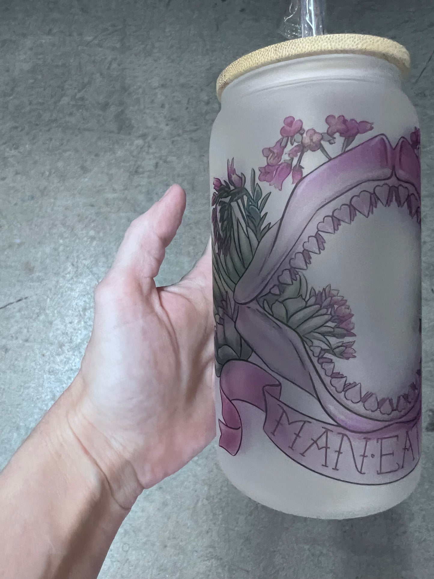 16oz Frosted Glass Maneater Tumbler | Gothic Floral Cup