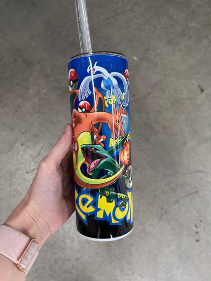 KimTheGrimm Pokemon Pikachu Charizard and Flareon sublimated 20oz stainless steel tumbler cup.⁠