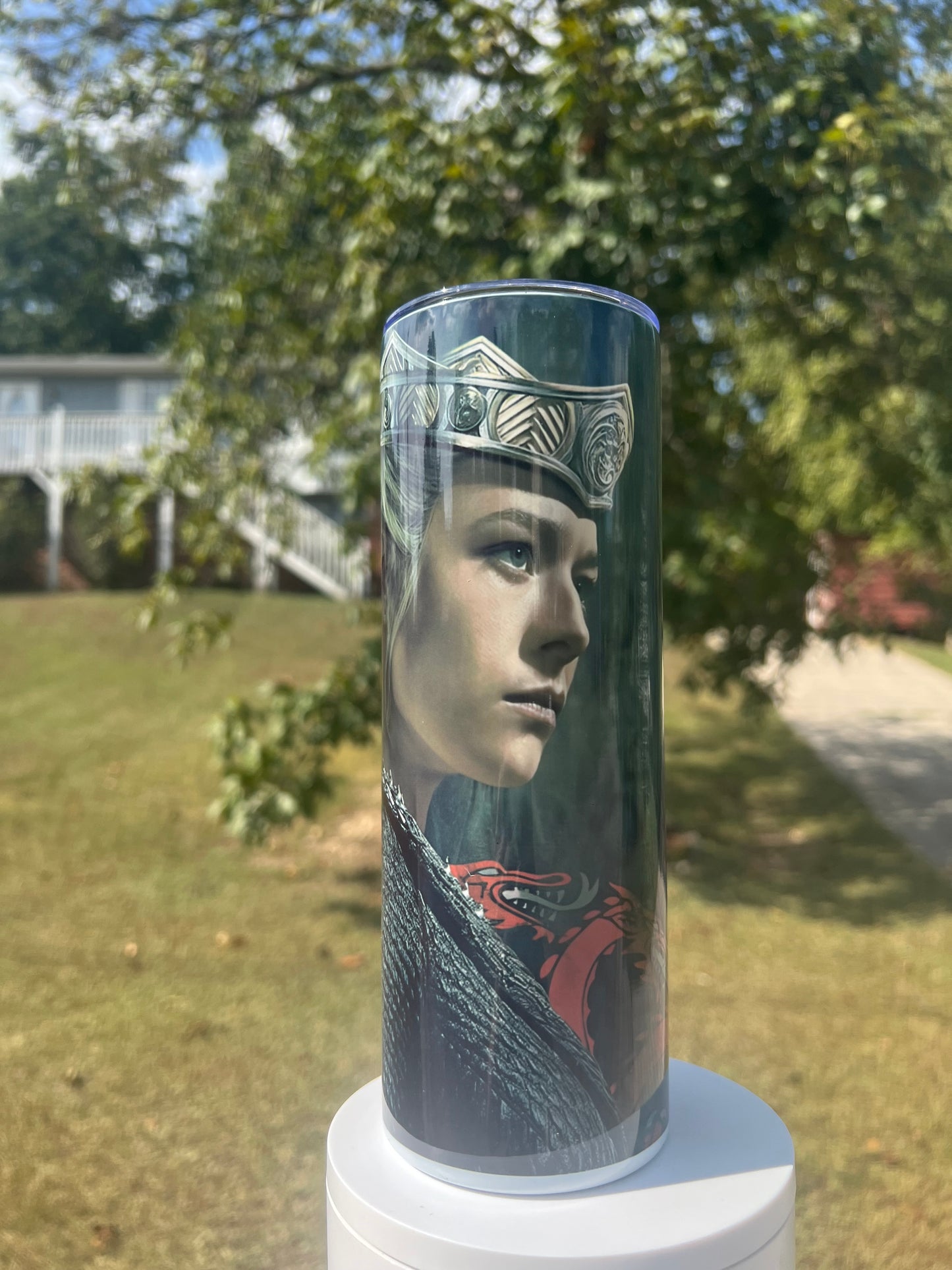 The Black Queen: Rhaenyra Targaryen 20oz Insulated Skinny Tumbler featuring the design artwork