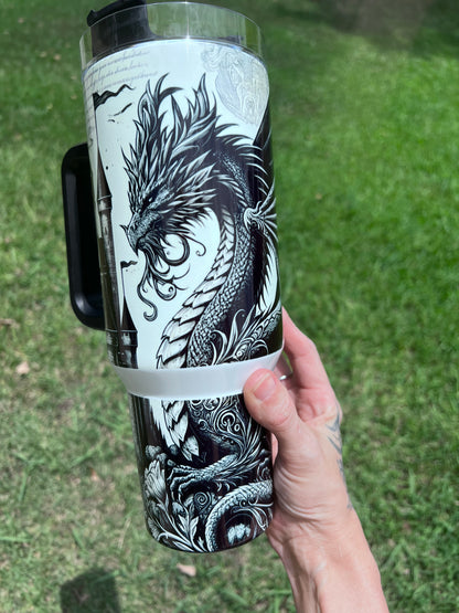 40oz Fantasy Dragon Tumbler with Handle | Book Lover Gift | Castle & Dragon Drinkware