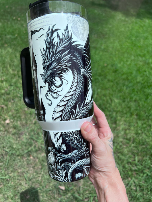 40oz fantasy dragon tumbler with castle and dragon artwork