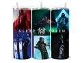 20oz skinny tumbler featuring Sleep Token inspired Vessel concert collage artwork with dramatic neon stage lighting and alternative metal aesthetic.