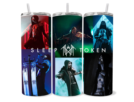 20oz skinny tumbler featuring Sleep Token inspired Vessel concert collage artwork with dramatic neon stage lighting and alternative metal aesthetic.