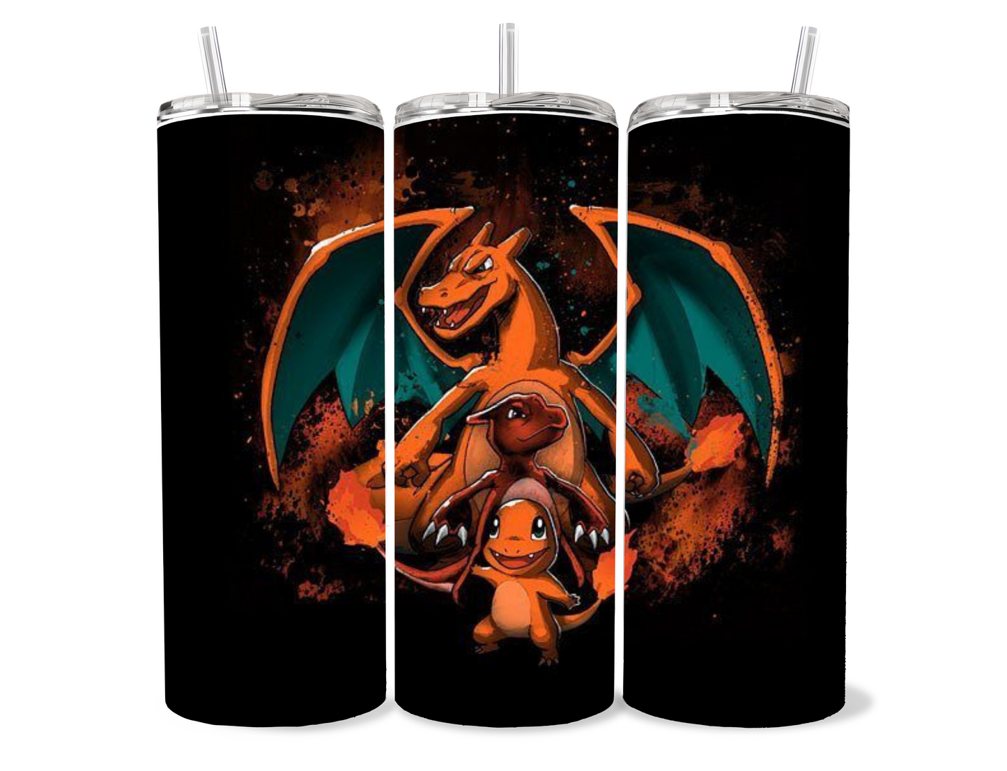 Cute Charmander’s evolution tumbler on black background