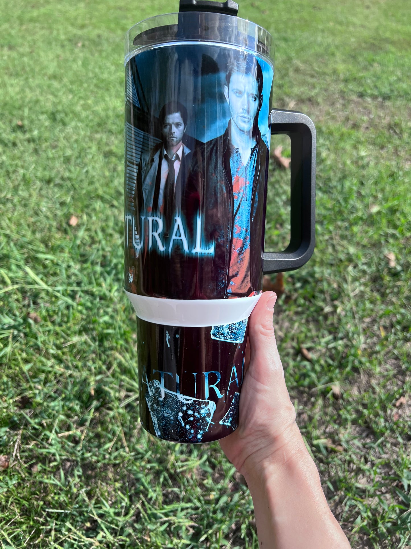 40oz Supernatural Inspired Tumbler with Handle | Dean Winchester & Sam Winchester Stainless Steel Travel Cup featuring the design artwork