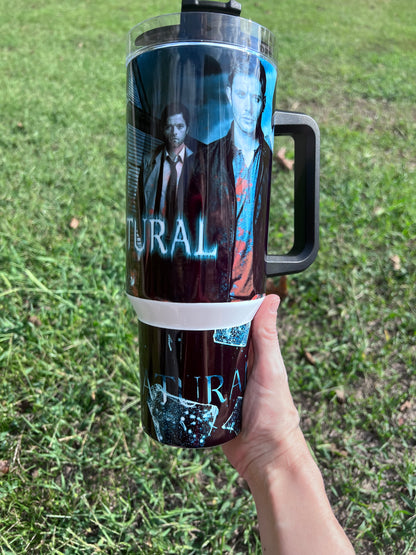 40oz Supernatural Inspired Tumbler with Handle | Dean Winchester & Sam Winchester Stainless Steel Travel Cup featuring the design artwork