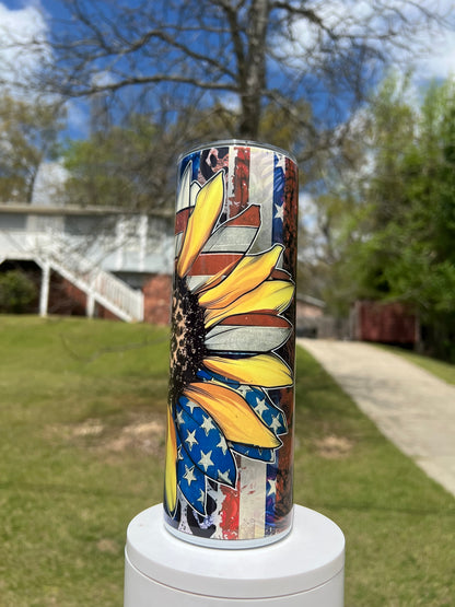 American Sunflower Tumbler | Patriotic featuring patriotic sunflower inspired artwork