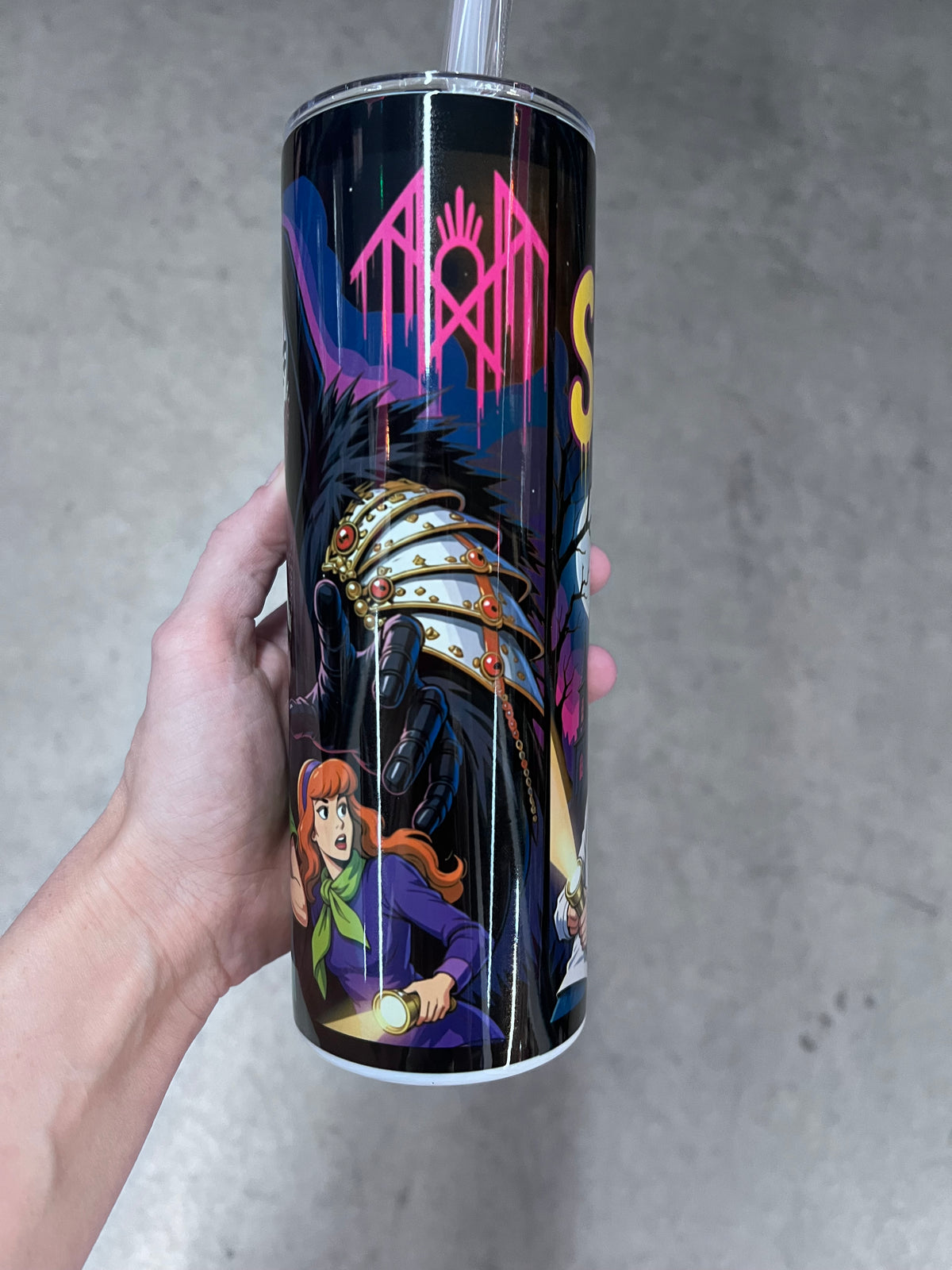 Scooby-Doo and Sleep Token inspired horror cartoon mashup tumbler with spooky mystery artwork