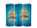 D&D Themed Tumbler What Doesn't Kill Me Gives Me XP Design with Pencils and Gemstones on Blue Gradient Background