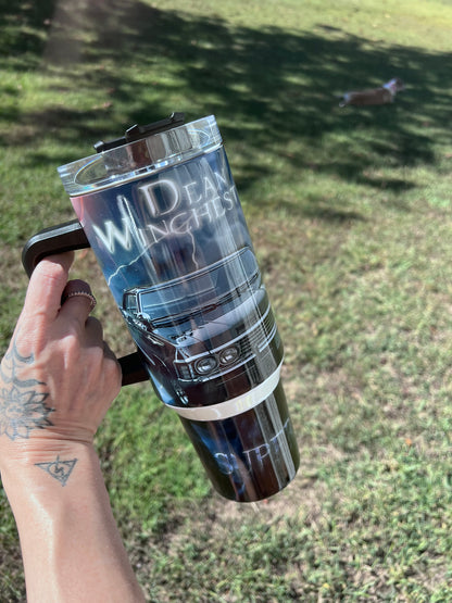 Large 40oz stainless steel tumbler inspired by Dean Winchester and Supernatural fandom culture