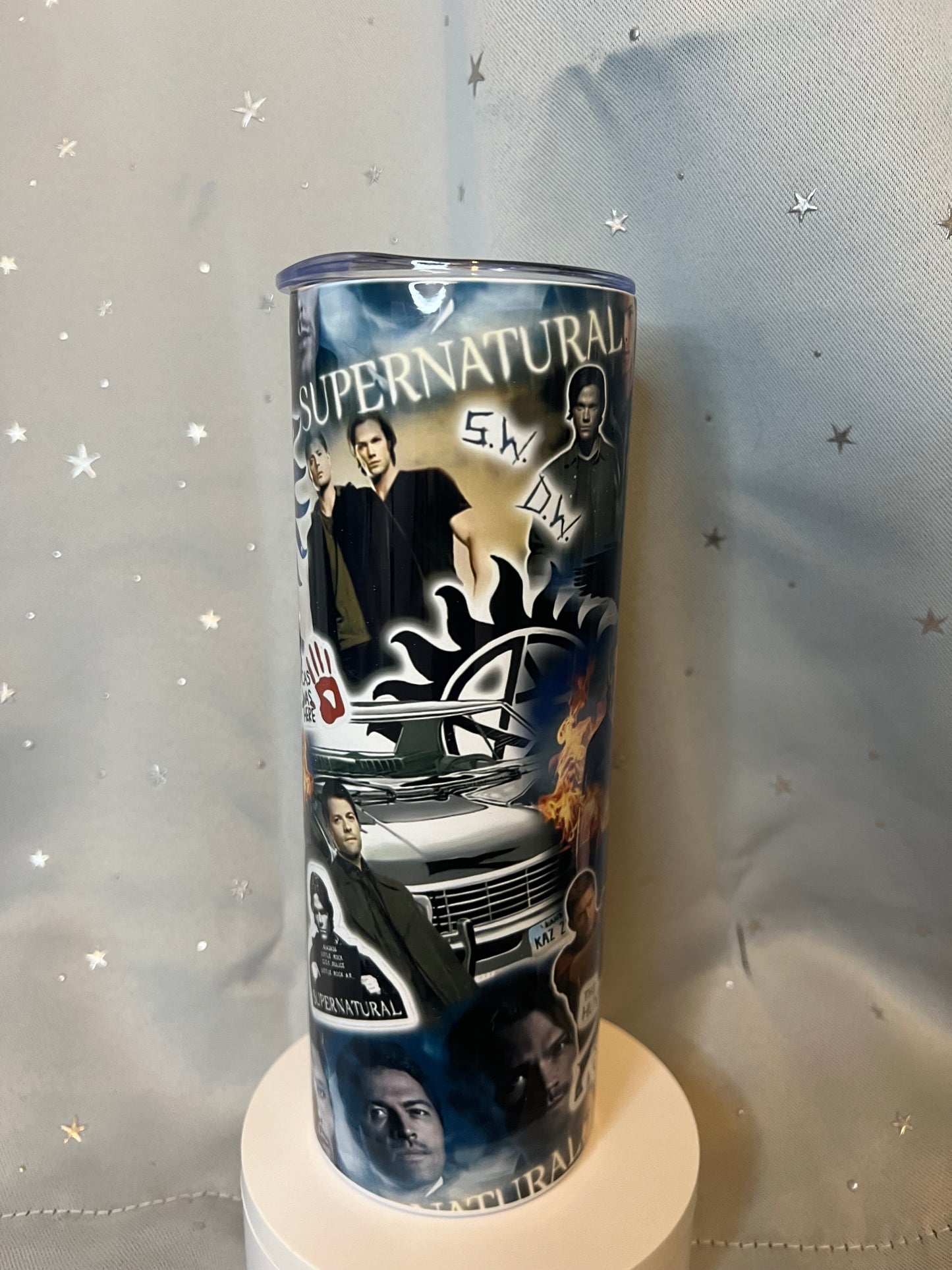 20oz Supernatural Sticker Collage Tumbler featuring supernatural fandom inspired artwork
