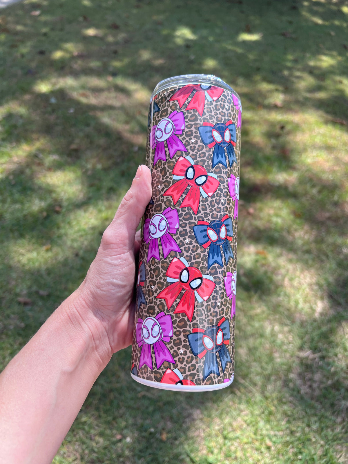 KimTheGrimm Spiderman Miles Morales and Ghost Spider coquette bows 20oz stainless steel tumbler cup.⁠