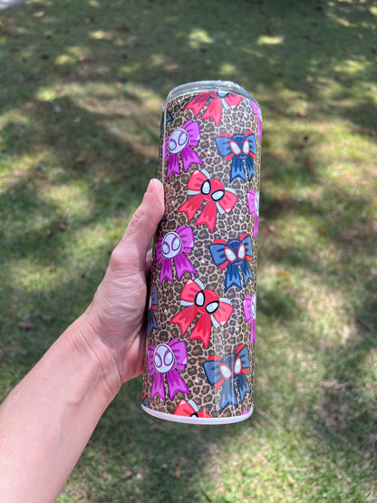 KimTheGrimm Spiderman Miles Morales and Ghost Spider coquette bows 20oz stainless steel tumbler cup.⁠