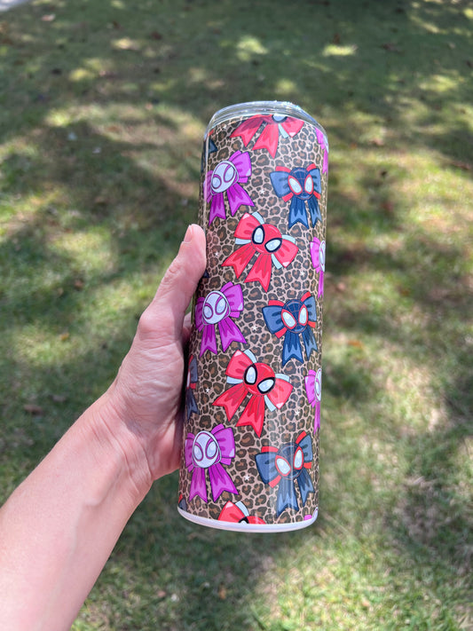 KimTheGrimm Spiderman Miles Morales and Ghost Spider coquette bows 20oz stainless steel tumbler cup.⁠