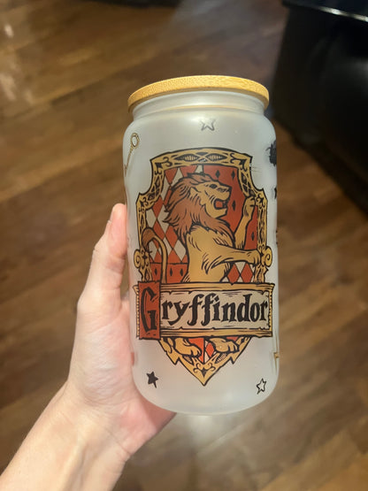 16oz Gryffindor Frosted Glass Tumbler featuring gryffindor harry potter inspired artwork