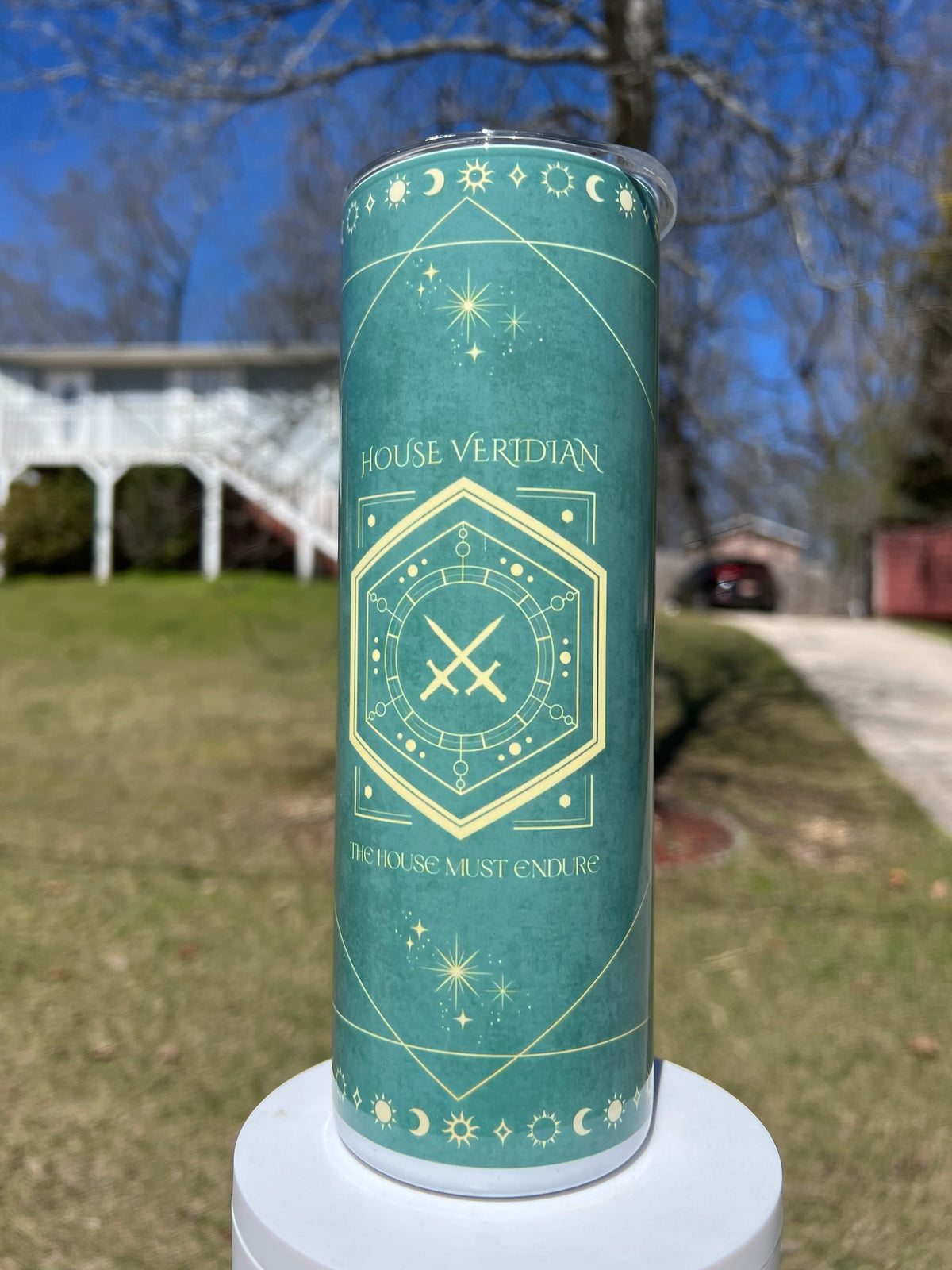 House Veridian Sleep Token inspired tumbler with emerald celestial and crossed sword artwork
