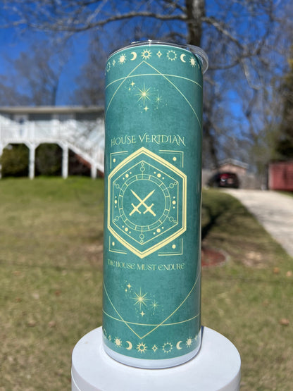 House Veridian Sleep Token inspired tumbler with emerald celestial and crossed sword artwork