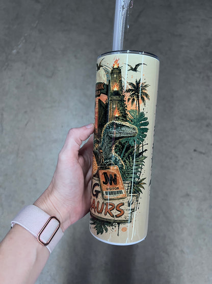 Bearded dragon Jurassic inspired Raising Tiny Dinosaurs tumbler with prehistoric adventure artwork