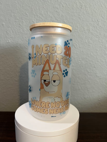 16oz Bluey Frosted Glass Tumbler featuring bluey cartoon dog inspired artwork