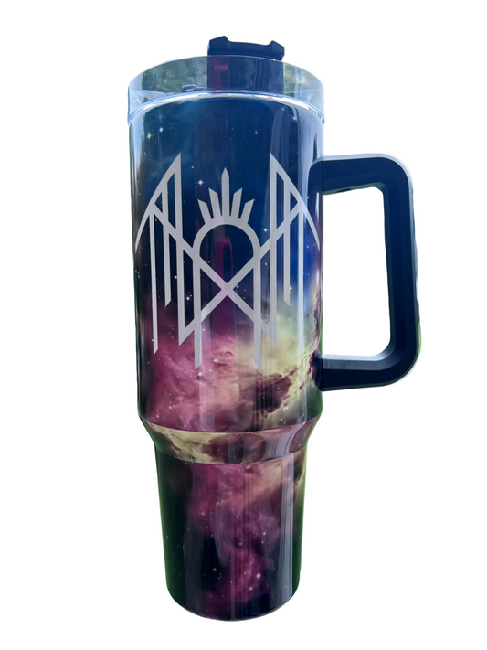 40oz galaxy inspired tumbler with cosmic nebula background and white Sleep Token inspired symbol design with black handle and lid.