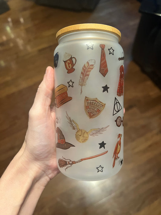 16oz Gryffindor Frosted Glass Tumbler featuring gryffindor harry potter inspired artwork