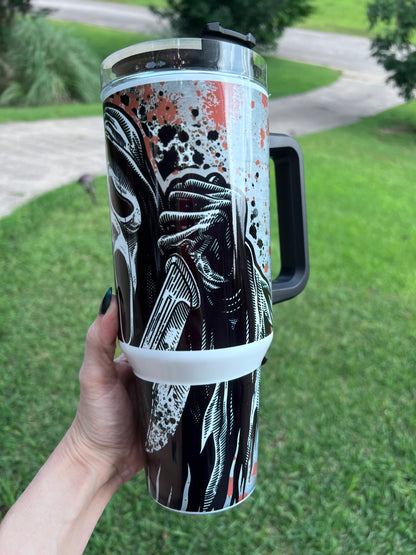 40oz Ghostface Tumbler with Handle | Scream featuring scream ghostface inspired artwork