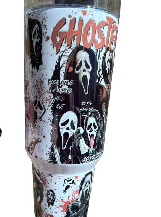 Ghostface Horror 40oz Handled Tumbler featuring the fandom-inspired design