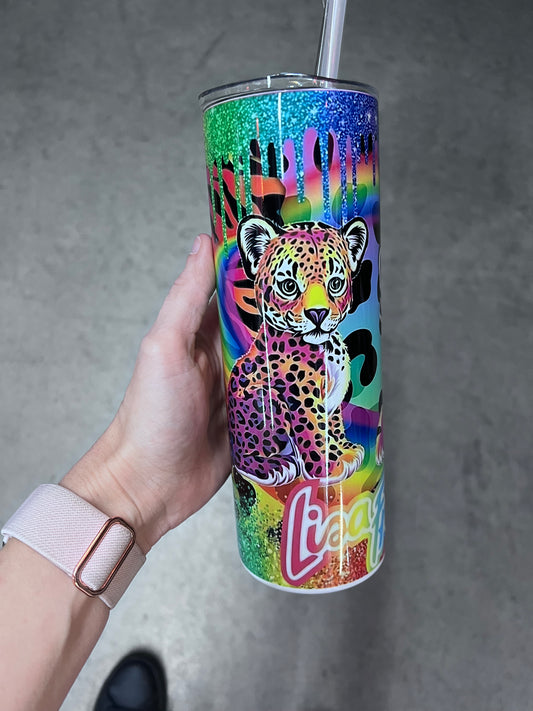 Lisa Frank inspired neon rainbow animal tumbler featuring colorful leopard and tiger artwork