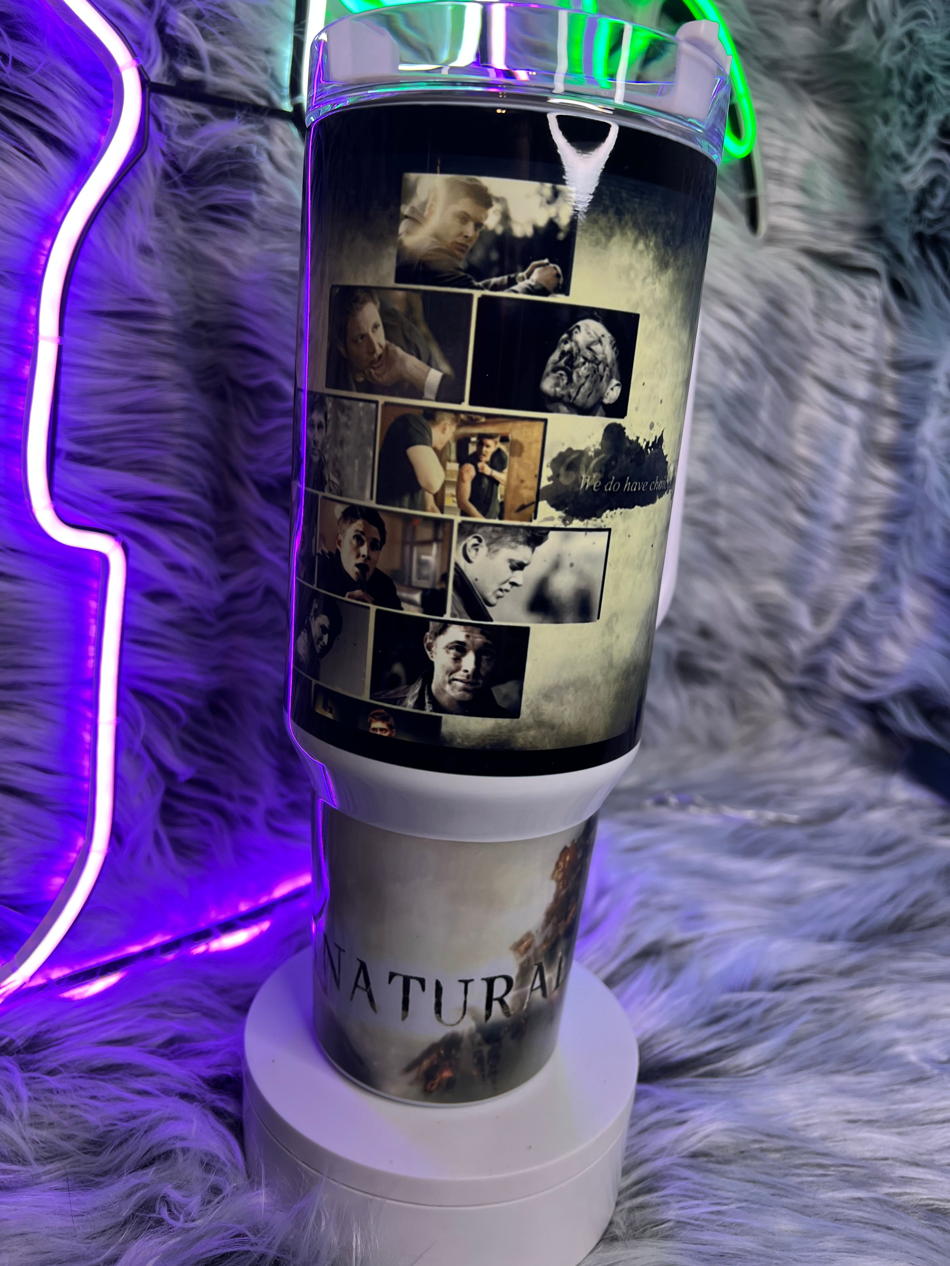 Dean Winchester inspired Supernatural 40oz tumbler with dark hunter aesthetic artwork
