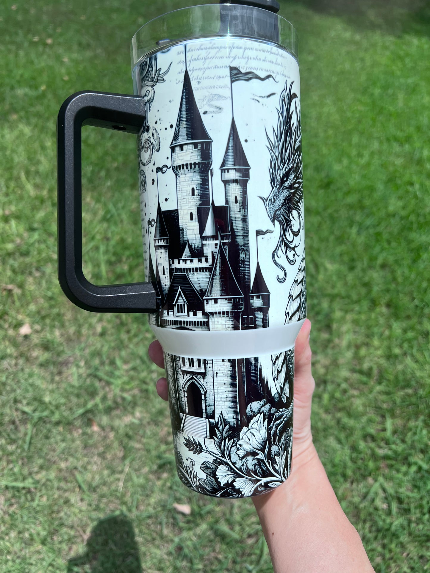 40oz Fantasy Dragon Tumbler with Handle | Book Lover Gift | Castle & Dragon Drinkware